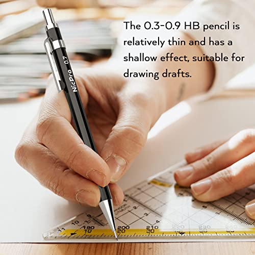 Nicpro 6 PCS Art Mechanical Pencil Set, Black Metal Drafting Pencil 0.3, 0.5, 0.7, 0.9 mm & 2PCS 2mm Graphite Lead Holder(4B 2B HB 2H) For Writing Sketching Drawing With 8 Lead Refills Eraser Case - color: Black
