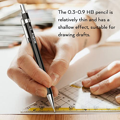 Nicpro 6 PCS Art Mechanical Pencil Set, Black Metal Drafting Pencil 0.3, 0.5, 0.7, 0.9 mm & 2PCS 2mm Graphite Lead Holder(4B 2B HB 2H) For Writing Sketching Drawing With 8 Lead Refills Eraser Case - color: Black