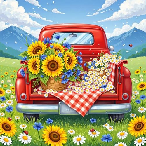 Acudotr Truck Sunflower Diamond Art Kits for Adults, Home Decor, 12x12In