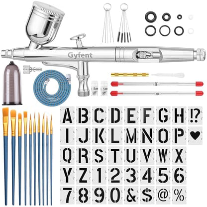Gyfent Airbrush Kit with Paintbrush & Stencils for Painting | with Quick-Release Nozzle Sets(0.3/0.5/0.8mm) Dual-Action Gravity Feed Air Brush for Art Painting Nail Makeup Cake - size: Basic with Stencils