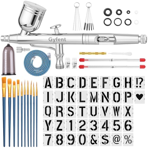 Gyfent Airbrush Kit with Paintbrush & Stencils for Painting | with Quick-Release Nozzle Sets(0.3/0.5/0.8mm) Dual-Action Gravity Feed Air Brush for Art Painting Nail Makeup Cake - size: Basic with Stencils