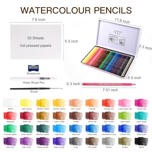 rubens 59 PCS Artist Watercolor Pencils Kit for Adult Drawing | 36 Colors Soft Core Watercolor Pencils In Metal Box with Brush, Water Brush Pen, Sharpener, 20 Sheets Hot Pressed Papers - size: 1 Count (Pack of 59)