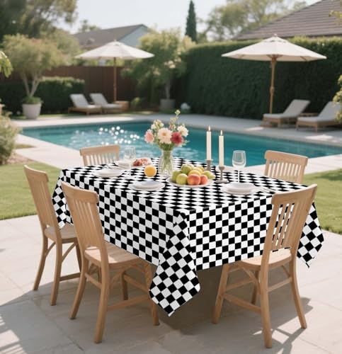 HEIPINIUYE 2 Pack Checkered Tablecloth Disposable 54 x 108 Inch Black and White Checkered Flag Plastic Table Cloth Disposable Rectangle Table Cover for Party Birthday Race Car Tablecloths - color: Checkered Tablecloth, size: 2 Pack