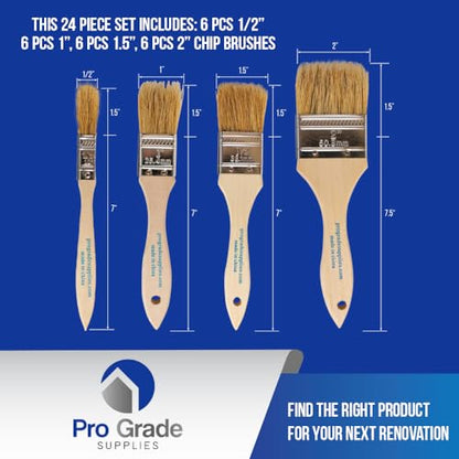 Pro Grade Chip Brushes, Disposable Paint Brushes, Assorted Sizes, 24 Piece | Natural bristle, wood handle | 4 widths, 6 of each | For stain, varnish & glue | Cabinets, furniture, crafts - size: 24Pc. Var.