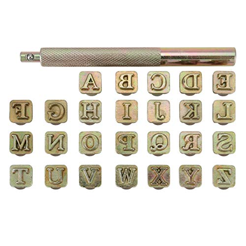 Yoption 27 Pieces Leathercarft Stamping Tool Set, 26 Letters Alphabet Stamps Steel Punch Tool 6mm+1 Stamping Handle for Leather Craft - size: 6mm