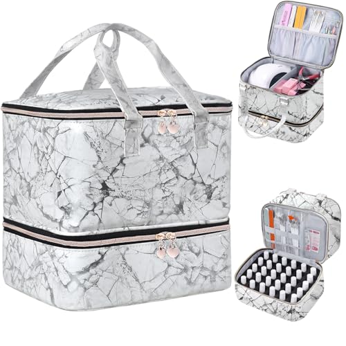 FCQQYWZ Nail Polish Organizer Case - Holds 30+ Bottles (15ml/0.5 fl.oz) and 1 Nail Lamp, Upgraded Double-layer Nail Polish Carrying Case Nail Polish Storage Bag with Handles (WHITE) - color: White-30Bottles