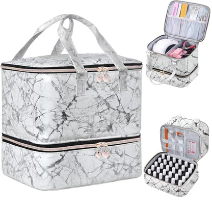 FCQQYWZ Nail Polish Organizer Case - Holds 30+ Bottles (15ml/0.5 fl.oz) and 1 Nail Lamp, Upgraded Double-layer Nail Polish Carrying Case Nail Polish Storage Bag with Handles (WHITE) - color: White-30Bottles