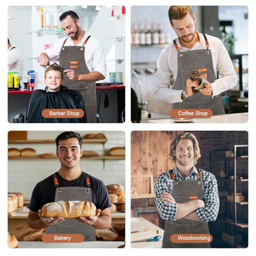 Men's Canvas Tool Apron, Heavy Duty Multi-Pocket Work Apron for Woodworking Gardening Bartender Adjustable Straps - color: Dark Grey