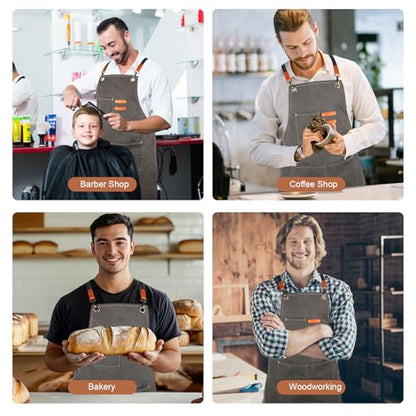 Men's Canvas Tool Apron, Heavy Duty Multi-Pocket Work Apron for Woodworking Gardening Bartender Adjustable Straps - color: Dark Grey