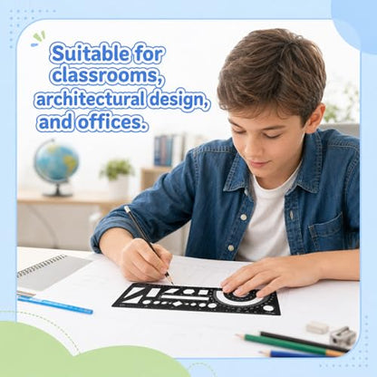 Multifunctional Geometric Ruler 15cm Geometric Drawings Stencils Rulers Aluminum Measuring Template with Protractor Straight Edge and Circle Shapes for Math Projects Black