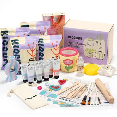 Kiocure Air Dry Clay for Adults, Pottery Tool Kit, DIY Kits for Adults with Air Dry Clay Paint & Varnish, Pottery for Beginners at Home