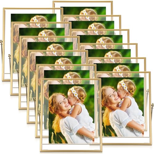 Hoteam 12 Pack 8 x 10 Inch Gold Floating Frame for Photo 6 x 8 Inch, Glass Floating Picture Frame Collection Vintage Metal Minimal Ornate Easel for Wedding Gift Pictures Photos Desk Tabletop Display - color: Gold, size: 6 x 8 inches