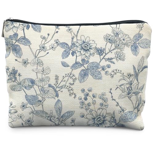 Vintage Blue Floral Makeup Bag, Chinoiserie Blue and White Floral Cosmetic Bags for Women, Retro Flower Botanical Zipper Makeup Pouch - color: Blue Flowers