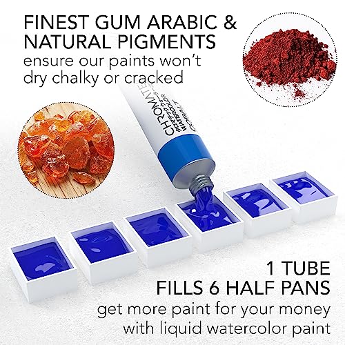 CHROMATEK Watercolor Paint Set - 28 Piece Kit for Adults, Beginners & Professional Artists - 26 x 12ml Liquid Water Color Tubes & 2 Painting Brushes - Richly Pigmented Vibrant Colors - Art Supplies