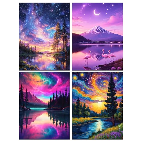 Lanzeyo Diamond Painting Kits for Adults Hand Crafts Diamond Art Kits for Beginners Starry Night Landscape Diamond Painting Diamond Dots Kits Gem Art Adult Crafts 4PCA Wall Art (StarryNight) - color: 06 Starry night