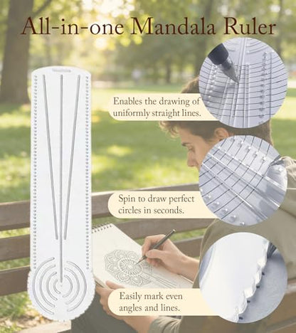 JUBHOAY Mandala Dotting Tool, 3-in-1 Circle Drawing Tool, Circle Maker for Geometry Art, Transparent Mandala Ruler Tool, for DIY Drawing Stencil Art Projects (11.8 in / 30 CM)