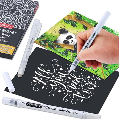 PANDAFLY White Gel Pens Set, Dual-Tip Acrylic Paint Pen, 6 Pack | Brush Tip Acrylic Markers, Winte Ink Pens for Black Paper Drawing, Sketching, Illustration & Card Making, Bullet Journaling