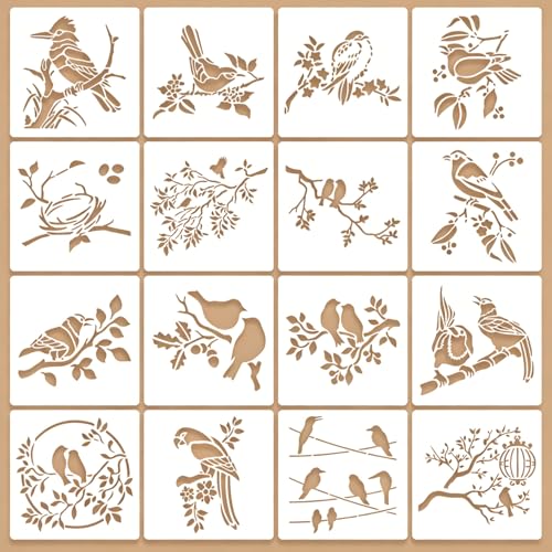 16 Pcs Birds Stencils for Painting Reusable Plastic 6×6 Inch Birds with Branch Stencils Drawing Templates for Crafts DIY Wall Canvas Notebook Knit Card Wood