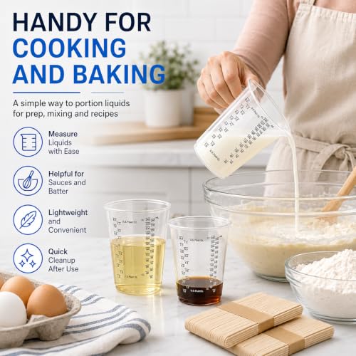 Plastic Measuring Cups with Mixing Sticks, 8 oz Clear Cup, 50 Pack | Disposable measuring cups with sticks, DIY mixing accurate oz ml cc scales for resin paint baking