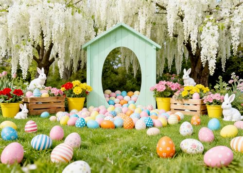 7x5FT Spring Easter Backdrop Cute Bunny Rabbit Colorful Eggs Tulip Mint Green Arch Background for Easter Outdoor Birthday Party Decoration Photo Shoot Props Vinyl - color: grass eggs
