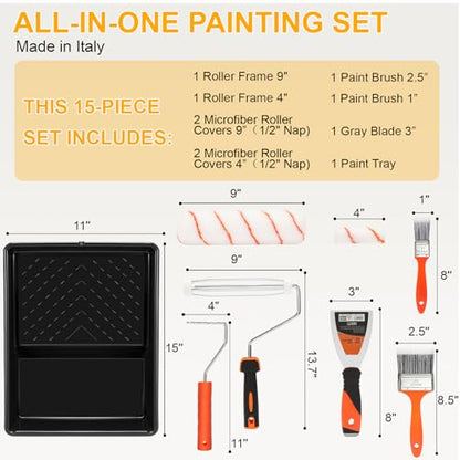 Paint Roller kit, Paint Roller Extension Pole 5ft | paint brushes,Paint Rollers 9"&4"paint tray liner . Perfect for DIY & Professional home renovation 15Piece Sets