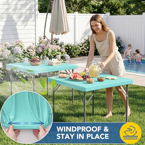 Card Table Covers Square Fitted Tablecloth with Elastic-2 Pack 34x34 Inch | Aqua Blue Spandex Stretch Windproof Washable Folding Card Tablecloths-Outdoor Camping Dining Patio Kitchen Banquet Party - color: Aqua Blue, size: 34'' x 34'' | 2 Pack