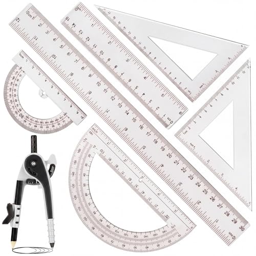 Zonon 1 Set Plastic Geometry Math Set 7 Pcs Includes 6'' / 4 '' Protractor, Drawing Compass, 45/60 Degree Triangle Rulers, 12'' / 6'' Math Ruler Transparent for Office Supplies(Clear) - color: Clear