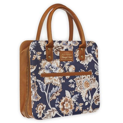 Christian Art Gifts Fashion Vegan Leather Purse Style Bible Cover Case for Women: All Things Through Christ Gold Inspirational Scripture, Pen Loops, Two Handles, Pockets, Navy & Brown Floral, Large - size: Large