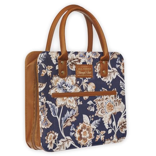 Christian Art Gifts Fashion Vegan Leather Purse Style Bible Cover Case for Women: All Things Through Christ Gold Inspirational Scripture, Pen Loops, Two Handles, Pockets, Navy & Brown Floral, Medium - size: Medium