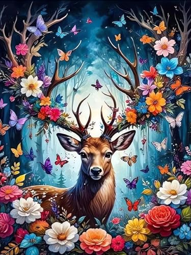 Deer DIY Diamond Art Kits for Adults, Flowers 5D Diamond Painting Kits | Gem Painting, Dimond Art Paintings Kit, Full Drill Diamond Dot for Home Wall Decor 12 X 16 Inch - color: CM077