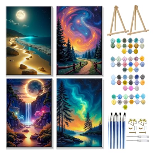 JOOZ 4 Pack Paint by Numbers Kit for Adults with Frame Aurora Paint by Number with Easel DIY Mountain Landscape Adult Paint by Number Kits Moon Oil Painting Kits for Home Wall Decor 8x12 Inch - color: Aurora 32