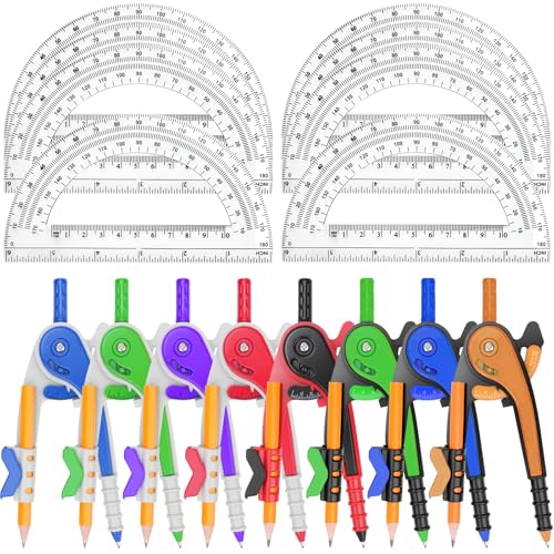 16 Pack Math Compass & Protractor Set Geometry Math 6 Inch Plastic Drawing Compass with Pencils Protractor for Geometry Bulk for Math Student Classroom School Office Woodworking Art Drawing