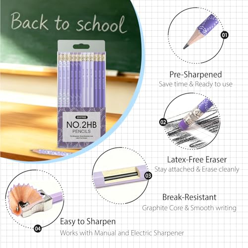 ECOTREE Pre-Sharpened #2 Pastel Pencils, Back to School Supplies, 12 Count | Graphite Number 2 Pencils for Kids Students, Latex-Free Eraser, Smooth Writing, Drawing, Sketching, Classroom Gifts - color: Purple, style: 12 COUNT