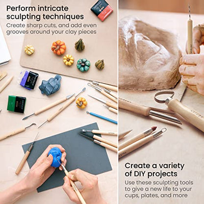 ARTEZA Pottery & Sculpting Tools, 42-Piece Clay Tools Set with Wooden Handles & Steel Tips for Polymer Clay, Ceramics, Carving, Modeling, Shaping & Smoothing - size: Set of 42