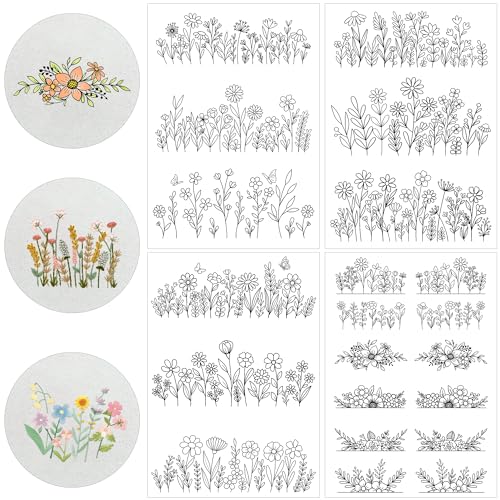 Water Soluble Embroider Pattern Stabilizer - CRASHOT 4 Sheets Stick and Stitch Embroider Paper Wash Away, Flower Floral, Daisy, Butterfly, Designs, Suprise for Hand Sewing Lover - style: Floral1549