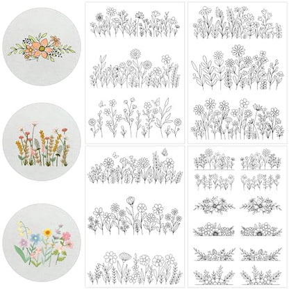 Water Soluble Embroider Pattern Stabilizer - CRASHOT 4 Sheets Stick and Stitch Embroider Paper Wash Away, Flower Floral, Daisy, Butterfly, Designs, Suprise for Hand Sewing Lover - style: Floral1549