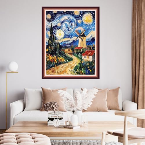 Fanxvivy Stamped Cross Stitch Kits for Beginners Full Range of Cross Stitching Preprinted Embroidery Kits for Adults, 11CT Embroidery Pattern Needlepoint Kits-Van Gogh Starry Sky Windmill 16x20 inch - color: Artdesign14