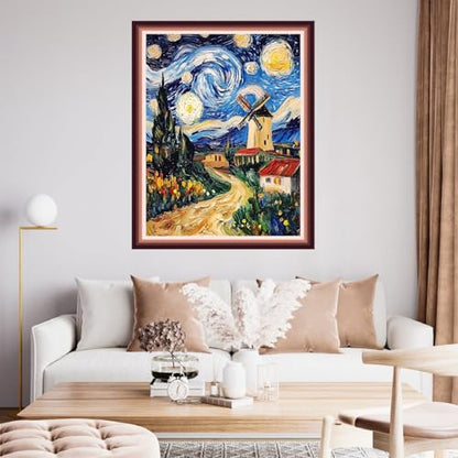 Fanxvivy Stamped Cross Stitch Kits for Beginners Full Range of Cross Stitching Preprinted Embroidery Kits for Adults, 11CT Embroidery Pattern Needlepoint Kits-Van Gogh Starry Sky Windmill 16x20 inch - color: Artdesign14