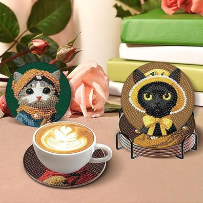 gganmtere 8 Pcs Funny Cat Diamond Painting Coasters Kits Set,Cat Diamond Art Coasters with Holder,5D DIY Full Drill Diamond Dots,Adult Diamond Art Kit Gift - color: JXBD56