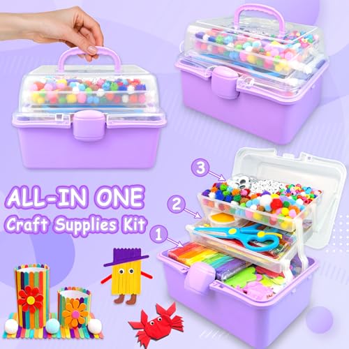 3000 Arts and Crafts Supplies for Kids Craft Kit Craft Box with Pipe Cleaners Arts and Crafts for Kids Age 4-6, 6-8, 8-12 DIY School Supplies Materials Set Toys Gifts for Girls Boys Toddlers, Purple - color: purple