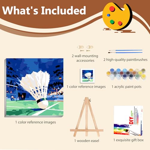 Reivworl Framed Badminton Paint by Numbers Kit for Adults Beginner 10×10 inch - color: 12-Badminton