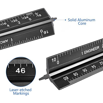 Architectural&Engineering Triangular Scale Ruler, 12 Inch Architectural Scale Ruler Set, Laser-Etched Aluminum with Stainless Steel Ruler for Architects, Students, Draftsman, Engineers (3 PCS) | 12'' Black Architectural Scale Ruler Set, Laser-Etched Alumi