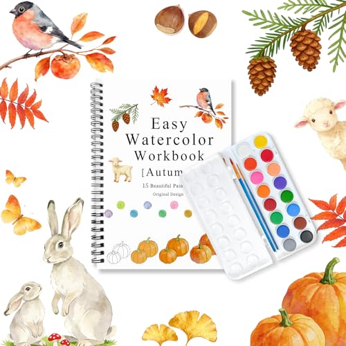 SLWBZ All-in-One Watercolor Workbook Kit - Beginner Friendly Art Set with 16 Colors, 2 Brushes & 15 Pre-Sketched Thick Watercolor Paper Pages - Creative Exploration & Stress Relief Gift (Autumn) - color: Autumn, size: With Palette