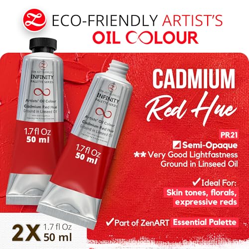 ZenART Professional Oil Paint Set - Artist Grade Cadmium Red Hue - 2x50ml | Non-Toxic, Buttery Consistency, Rich Pigment, Lightfast Oil Paints for Primed Surface Canvas, Fine Art, Portraits & Landscape - color: Cadmium Red Hue