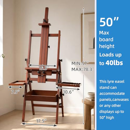 Large Horizontal Wooden Painting Easel, Holds up to 50'' | H-Frame Studio Easel Stand with Storage Drawer and Palettes, Suitable for Adults, Beginners, and Artists, Walnut - style: Walnut