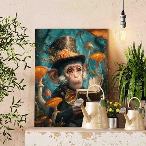 Aihonmin Monkey Reading Book Paint by Numbers Kit for Adults Beginners on Canvas,Animals DIY Oil Painting Crafts Acrylic Mushrooms Forest Paintwork Home Wall Decoration Gifts 16X20 Inch (Frameless) - color: Hat Animal-16, size: 16''x20''(Frameless)