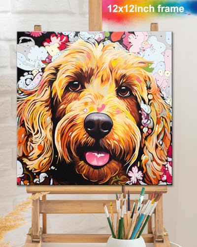 TOCARE Framed Paint by Numbers Kit for Adults Beginners & Kids Ages 8-12,12x12inch Golden Doodle Paint by Number with Frame,Dog Paint by Numbers Framed Canvas for Amimal Lover(Without Easel) - color: TC-F-296