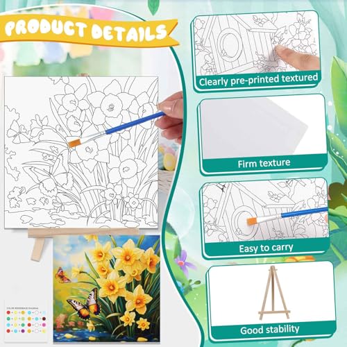 Tenceur 12 Sets Pre Drawn Canvas to Paint Adult Stretched Coloring Painting Canvas Panels with Design Easel and Brushes for Party Supplies Beginner Favor(Garden) - style: Garden