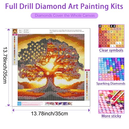 JXDXDJ 5D Diamond Painting Kits for Beginners,Ancient Tree Full Drill Diamond Art Kits for Adults,DIY American Flag Round Diamond Dots for Adults Crafts,Gem Painting Home Wall Decor 13.78x13.78 Inch