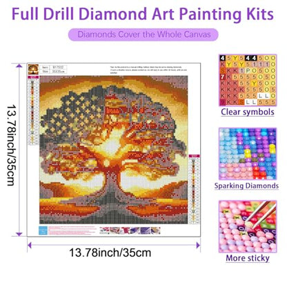 JXDXDJ 5D Diamond Painting Kits for Beginners,Ancient Tree Full Drill Diamond Art Kits for Adults,DIY American Flag Round Diamond Dots for Adults Crafts,Gem Painting Home Wall Decor 13.78x13.78 Inch